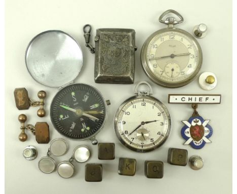 A group of gentleman's accessories comprising a silver vesta case, Chester 1915, a Kienzle pocket watch, a Swiss pocket watch