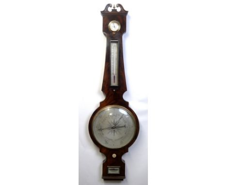 A Victorian mahogany cased banjo barometer, by I. Barelli & Co, London, with humidity, level and thermometer, 31 by 6 by 108c