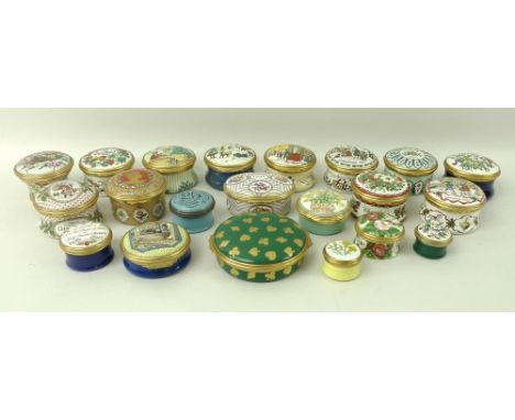 A collection of Halcyon Days enamel pill boxes, between 2 and 6cm, and a Crummles pill box. (21)
