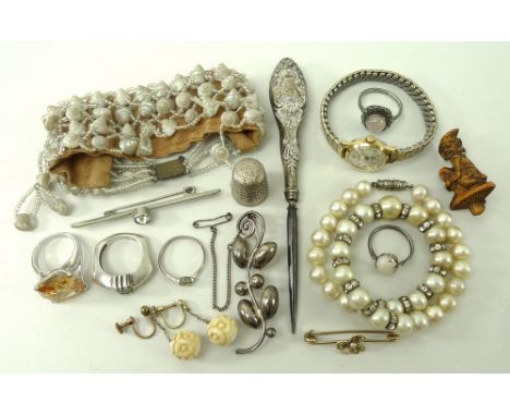 A collection of vintage and later costume jewellery including a Danish silver brooch, a rose quartz, marcasite and silver rin