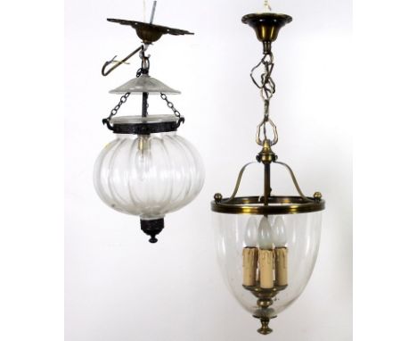 A Victorian glass pendant light shade, of lobed globe form with moulded detail and metal fittings, together with a modern Geo