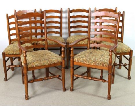 A set of eight modern custom made oak ladder back chairs, late 20th century, with upholstered seats, carver 59 by 60 by 106cm