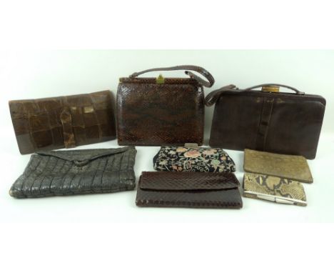 A collection of eight vintage handbags and purses, comprising six snakeskin handbags, a crocodile skin hand bag and a Chinese