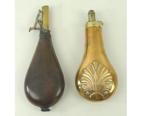 Militaria: a 19th century copper shot flask with shell escutcheon and brass nozzle, 19cm, and another leather covered with br