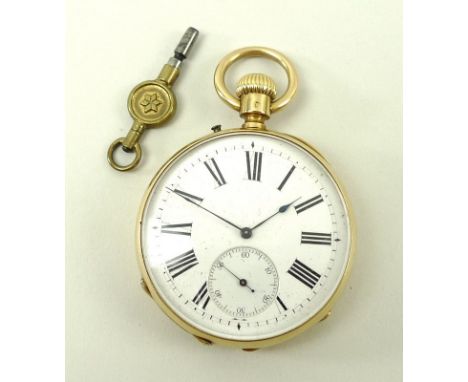 A Continental gold cased open faced pocket watch, with white enamel 40mm dial, black Roman numerals and subsidiary seconds di