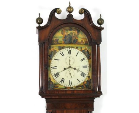 A Regency mahogany long case clock, the painted domed 12.5 inch dial signed Jas. McCallum, Falkirk, the corners and dome pain