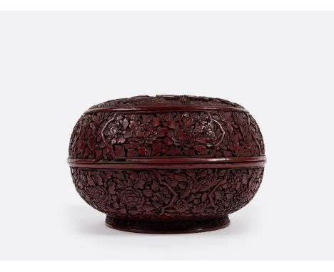 Globular in shape, it is finely carved on the lid with a medallion featuring characters in a landscape; the sides are beautif