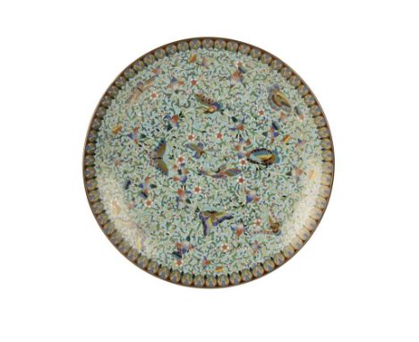 FINE CLOISONNE ENAMEL CHARGER, QING DYNASTY, 19TH CENTURY, the circular dish decorated with a profusion of butterflies and sc