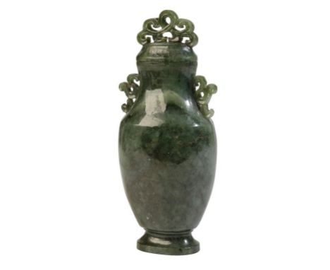 SMALL SPINACH JADE BALUSTER VASE AND COVER, the ovoid sides with twin scroll handles, the domed cover with a conforming finia
