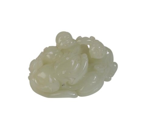 CARVED GREENISH-WHITE JADE 'BOYS &amp; TOAD' GROUP, modelled as the two boys, one holding a pomegranate the other a lingzhi f
