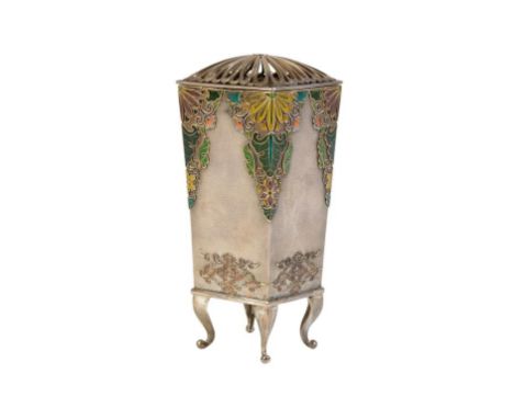 FINE SILVER AND ENAMEL KORO BY THE OZEKI COMPANY, MEIJI PERIOD, of lozenge form and raised on four cabriole legs, surmounted 
