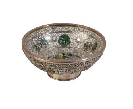 FINE JAPANESE SILVER AND ENAMEL FOOTED BOWL, MEIJI PERIOD, the filigree glass lined sides decorated with coloured enamels wit