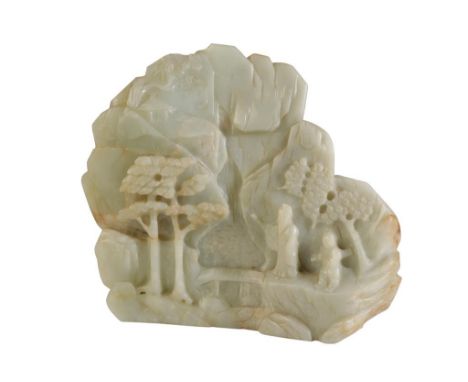 CARVED CELADON JADE BOULDER, carved in relief with a scholar and attendant on a mountain path, bears old Katz Collection labe