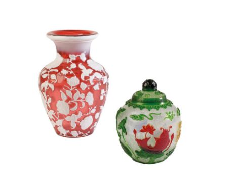PEKING WHITE-GLASS OVERLAY VASE, the baluster sides carved and incised with leafy lotus stems through a layer of white to a r
