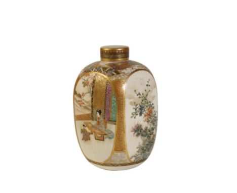 FINE JAPANESE SATSUMA TEA CADDY, MEIJI PERIOD, the rounded square form sides finely painted with figural and foliate panels, 