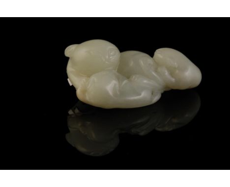 FINE SMALL WHITE JADE GROUP, QING DYNASTY, modelled as three coiled cats, 4cm wide; together with a LARGER CARVED GROUP OF CA