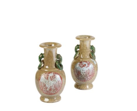 PAIR OF CRACKLE-GLAZE 'PHOENIX' VASES, LATE QING / EARLY REPUBLIC PERIOD, the baluster sides each painted with two 'Phoenix' 