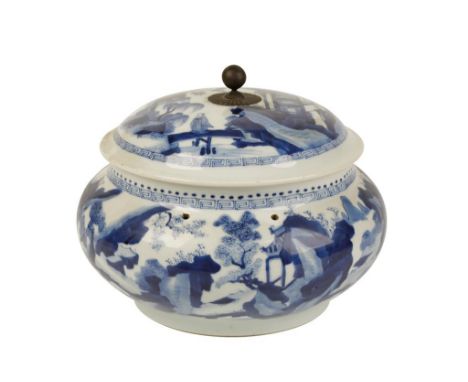 FINE BLUE AND WHITE 'SCHOLARS' TUREEN AND COVER, KANGXI PERIOD, the domed cover and sides finely painted in tones of undergla