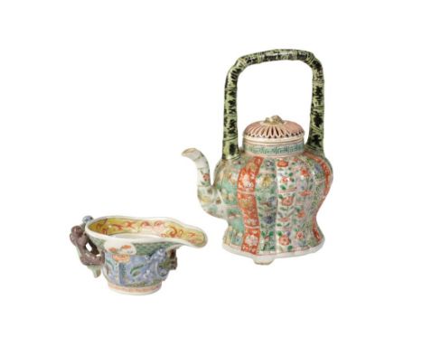FAMILLE VERTE 'CHRYSANTHEMUM' TEAPOT, KANGXI PERIOD, the baluster sides painted with upright panels of wild flowers, with a n
