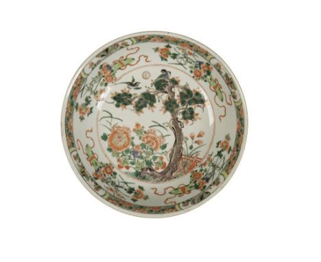 LARGE FAMILLE VERTE BASIN, KANGXI PERIOD, painted with chrysanthemum, pine trees and floral bouquets, 31.5cm diam