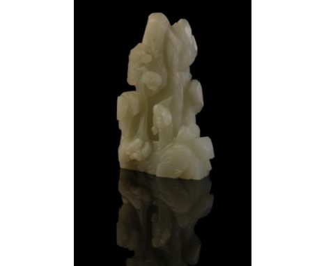 SMALL WHITE JADE CARVED 'MOUNTAIN' QING DYNASTY, carved with a figure on a low ledge beneath a tree, the reverse a pine tree 