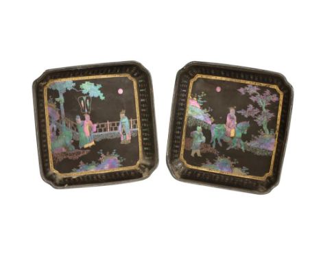 PAIR OF MOTHER-OF-PEARL INLAID BLACK LACQUER DISHES, KANGXI PERIOD, in the manner of Jiang Qianli, the square form dishes wit