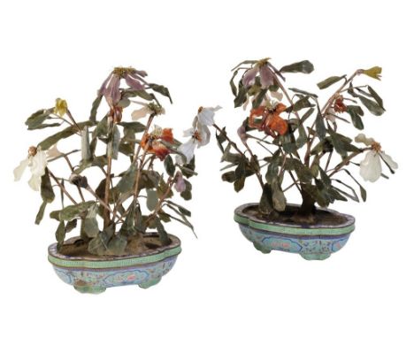 PAIR OF HARDSTONE EMBELLISHED 'LOTUS' IN ENAMEL JARDINIERES, QING DYNASTY, 19TH CENTURY, the oval turquoise ground planters d