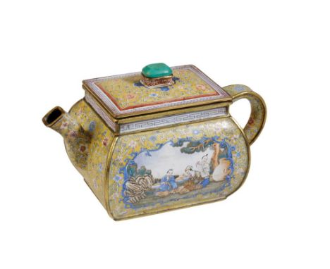 FINE YELLOW-ENAMEL WINE POT, QIANLONG SEAL MARK BUT LATER, of bombé form the sides painted with scenes of scholars, in one, t