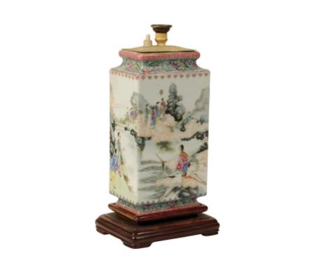 FINE FAMILLE ROSE SQUARE SECTION 'IMMORTALS' VASE, QIANLONG FOUR CHARACTER MARK BUT REPUBLIC PERIOD, the sides painted with t