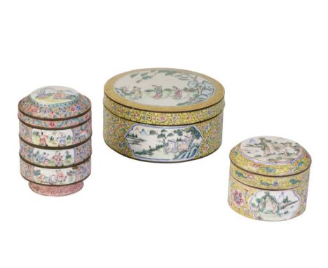 CANTON ENAMEL COVERED BOX, LATE QING DYNASTY, the circular box painted figural landscape views, reserved against a yellow scr