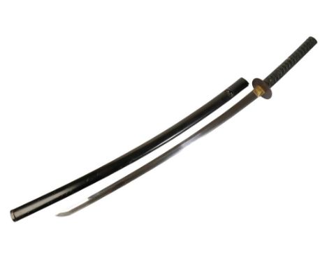 JAPANESE SWORD (KATANA), EDO PERIOD, the long curved steel blade with a black lacquer scabbard, the wood hilt covered in ray 