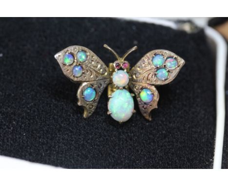 Early 20th Century gilt metal opal and ruby set butterfly clip