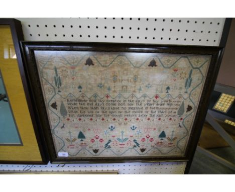 George IV needlework sampler by Jane Lenox dated 1824, woven with five line verse and motifs including a pair of parrots, 43c