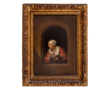 Property of a gentlemanFrench18th CenturyFollower of Gerrit Dou (1613 - 1675)A portrait of an old crone in a white hatOil on 