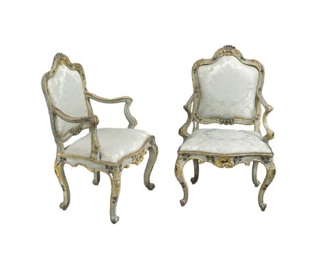 Property of a Gentleman.Venetian18th CenturyA gilt-wood and painted Venetian suite of three matching chairs with cartouche-sh