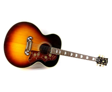 Gibson Custom J-200 Guitar, sunburst finish, maple back and sides, mother of pearl inlaid rosewood finger board and bridge, e