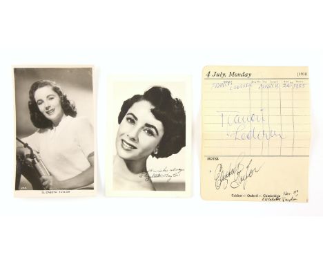 Elizabeth Taylor (1932-2011)  A signed diary page in clear black ink, 4.5 x 5.5 inches with two early vintage publicity postc
