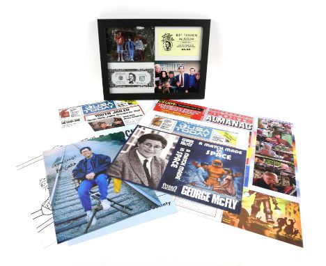 Back to the Future - a collection of replica tickets, photographs and papers including framed display with 'Biff' $50 bill, B