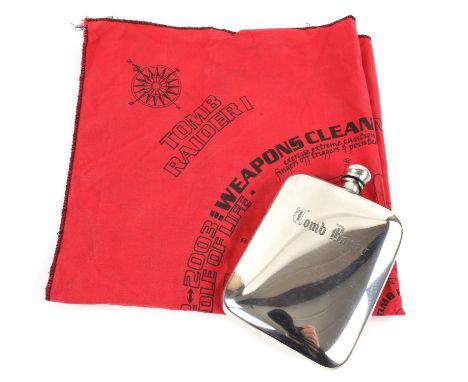 Tomb Raider - English pewter hip flask with engraved front and reverse 'Thank you Angelina', boxed with a Tomb Raider II Weap