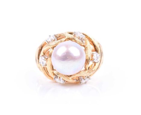 An 18ct yellow gold, diamond, and pearl cocktail ring, set with a round white cultured pearl, supported on a stylised nest mo