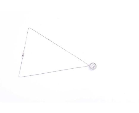 A diamond and pearl pendant, the round white pearl within a double halo border of round-cut diamonds, 1.5 cm wide, suspended 