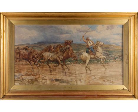Enrico Coleman (Italian 1846-1911), a horse tamer leading his team, watercolour, signed E Coleman, Roma, framed and glazed. 9
