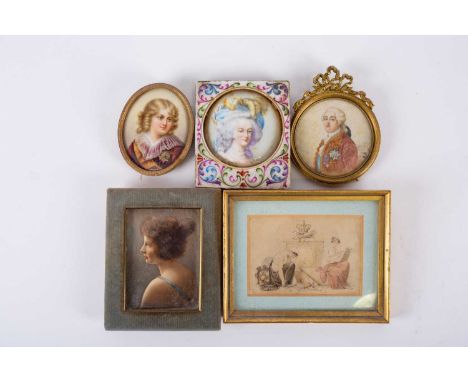 A group of four 18th century and late miniature portraits, comprising a brass framed painting on ivory, possibly George I, in