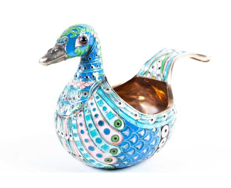 A Russian silver and enamel kovsh, modelled as a bird, marked '84' and 'Faberge', with stylised feather decoration and cabach