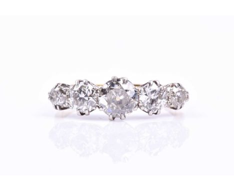 An 18ct yellow gold and diamond ring, set with five graduated old round-cut diamond of approximately 2.10 carats combined, ap