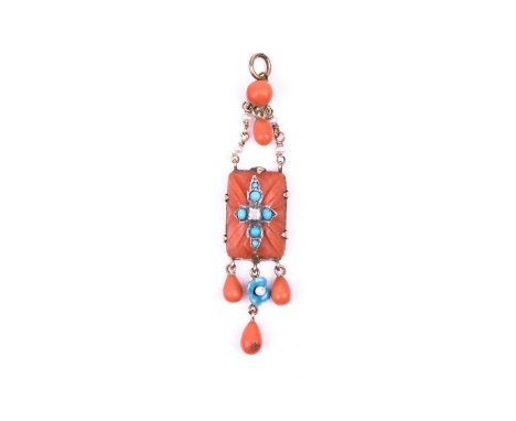 A late 19th / early 20th century 9ct yellow gold, coral, and turquoise pendant, set with a rectangular carved coral plaque, i
