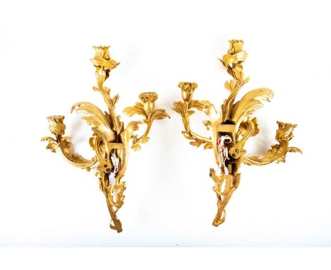 A pair of rococo style ormolu wall sconces, each with three-branch lampholders, formed as naturalistic leaves and flowers, 48