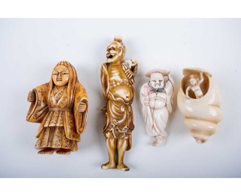 Four Japanese ivory netsukes, Meiji/Taisho, carved as an emaciated snarling man, partially dressed in loose robes, a Shojo da