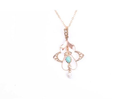 A 9ct yellow gold, seed pearl, and turquoise Art Nouveau pendant, the stylised mount suspended with a pearl drop, centred wit