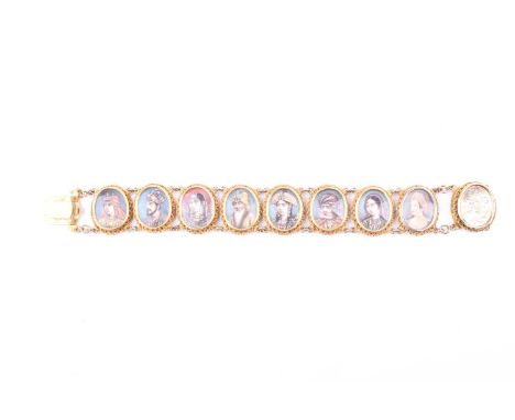 A 19th century Indian portrait miniature bracelet, the eight oval panels depiciting different male and female bust portraits,